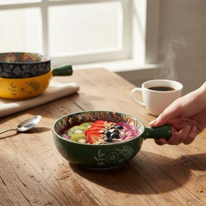 May include: A green ceramic bowl with a handle, filled with a colourful smoothie, strawberries, kiwi, and blueberries. The bowl has a decorative rim and floral design. A second bowl is stacked behind it. A cup of coffee is in the background.