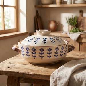 May include: Cream-colored ceramic casserole dish with a lid, adorned with blue floral patterns. The dish has brown handles and a matching rim. It sits on a wooden table, suggesting a rustic or farmhouse aesthetic.