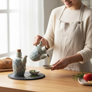 Vintage Ceramic Oil Pot & Spice Jar Set, Blue Floral Kitchen Seasoning Container