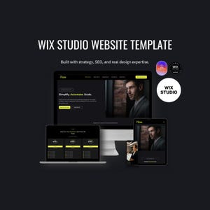 以下が含まれることがあります： Wix Studioのウェブサイトテンプレートを示す暗い画像。デザインはデスクトップモニター、ラップトップ、タブレット、スマートフォンに表示されています。「WIX STUDIO WEBSITE TEMPLATE」と「Simplify. Automate. Scale.」というテキストが表示されています。