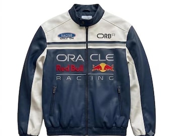 Vintage Red Bull Racing inspirierte Lederjacke - Handgefertigter F1 Motorsport Bikermantel, Geschenk für Ihn, Custom Fit Streetwear