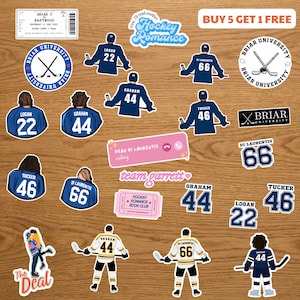 May include: A collection of stickers with a hockey theme. Includes stickers with hockey player illustrations, team logos, and text such as "Hockey Romance" and "Briar University". The stickers are in shades of blue, white, and yellow.