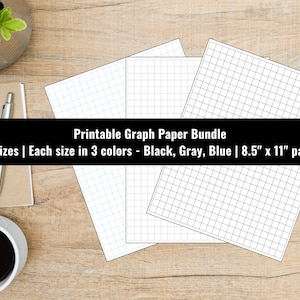 May include: A bundle of printable graph paper in black, gray, and blue. The paper is 8.5" x 11" and comes in 13 sizes. The image also shows a pen, a notepad, a cup of coffee, and a small plant.