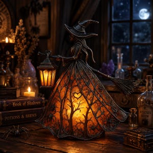 May include: A decorative witch figurine lamp featuring a dark, pointed hat and a flowing gown illuminated from within. The gown displays a silhouette of bare trees and a heart shape. The figure holds a lit lantern and a broomstick in hand.