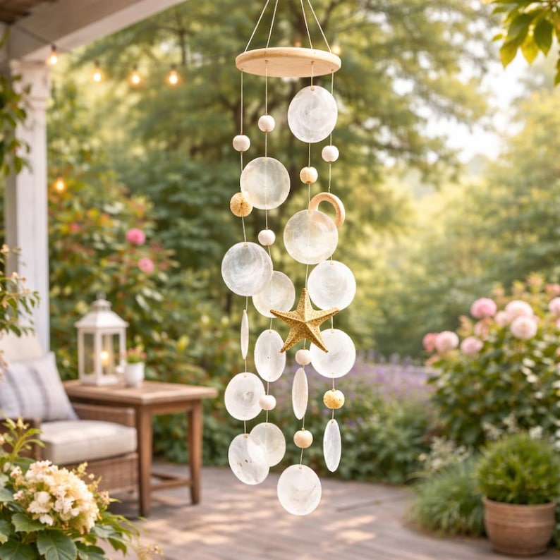 May include: A coastal-themed wind chime with a wooden top and a collection of iridescent, round, and oval shell pieces. A gold-colored starfish and small wooden beads are interspersed among the shells. The chime hangs from a natural-colored string.