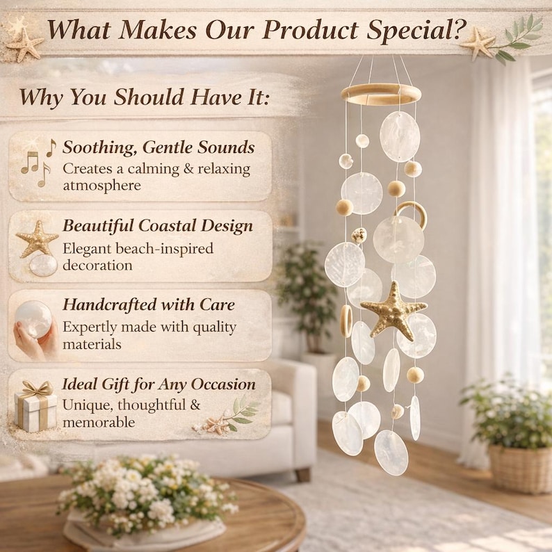May include: A coastal-themed wind chime with a wooden top and a starfish accent. The chime features round and oval shell-like pieces suspended by strings. The text reads: "What Makes Our Product Special?" and "Why You Should Have It:" with bullet points.