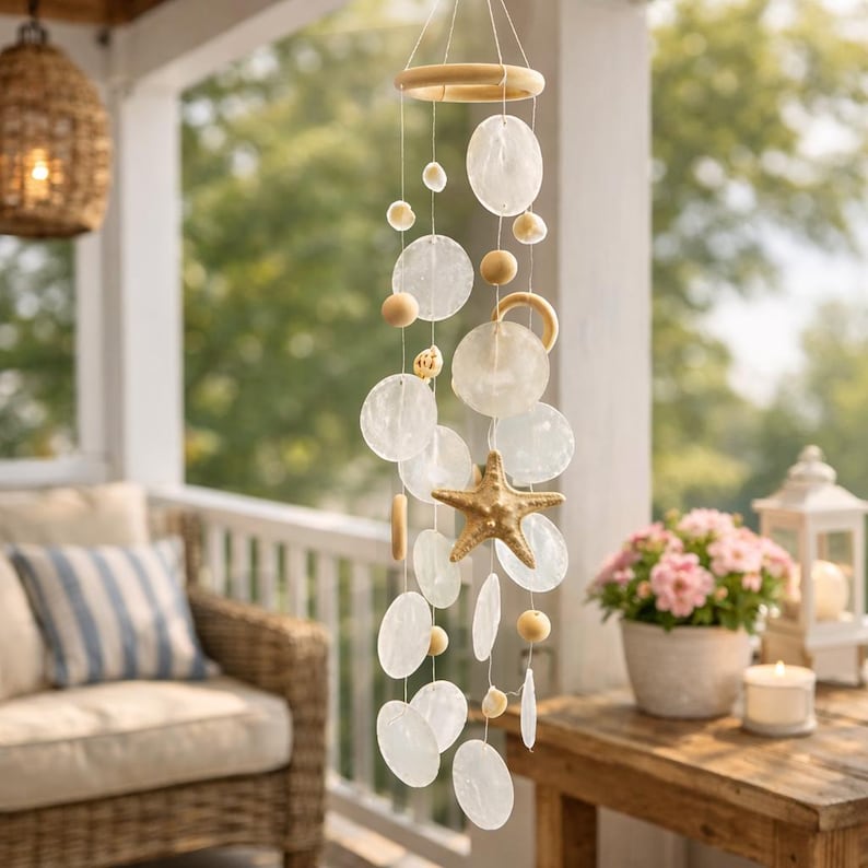 May include: A coastal-themed wind chime with a wooden ring and starfish accent. The chime features translucent, round, and oval shell-like pieces, along with wooden beads. The wind chime hangs on a porch with a wicker chair and a flower pot.