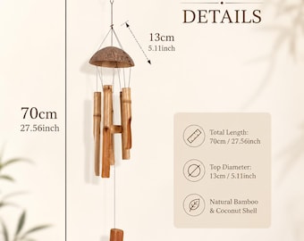 Campanillas de viento de bambú - Campanillas de viento de cáscara de coco - Decoración colgante para exteriores - Campanillas para jardín y patio - Decoración rústica bohemia para el hogar