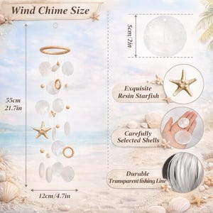 May include: A wind chime with a wooden ring and hanging white shells, wooden beads, and resin starfish. The wind chime is 21.7 inches long and 4.7 inches wide. The text on the image says "Exquisite Resin Starfish" and "Carefully Selected Shells."
