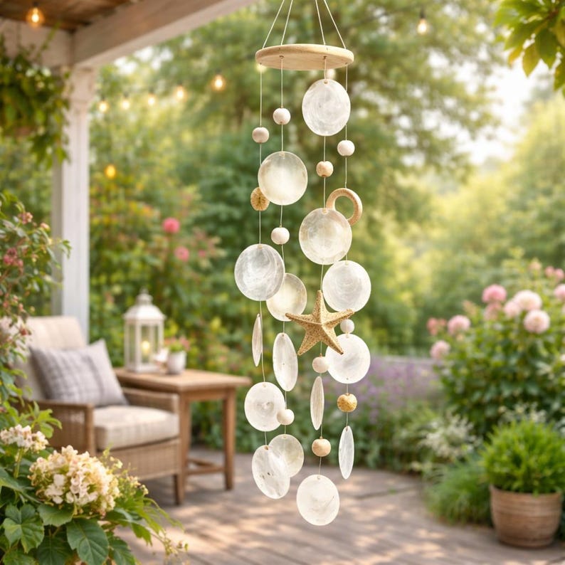 May include: A coastal-themed wind chime featuring a wooden top and a starfish accent. The chime is adorned with round, flat, and oval-shaped white shells and wooden beads, suspended by strings. The design evokes a beachy, relaxed atmosphere.