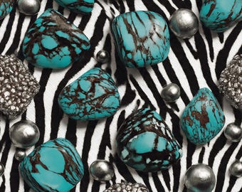 Turquoise Zebra Print Seamless Pattern | Western Gemstone PNG | Silver Nugget Animal Print | Boho Glam Digital Paper | 300 DPI | Commercial