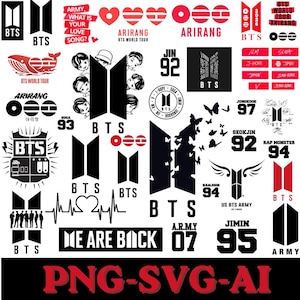 May include: A selection of BTS-themed graphics in black and red. Features logos, text, and illustrations like hearts, butterflies, and stylized figures. Text includes "BTS", "ARMY", and member names with numbers.