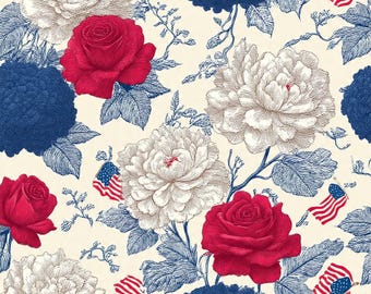 Vintage Patriotic Floral Toile Pattern, Red White Blue Roses Hydrangea, 4th of July Toile de Jouy, Americana Digital Paper 2026