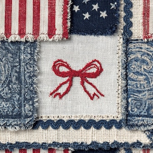 Vaterländisches Patchwork-nahtloses Muster, 4. Juli-Quiltstoff, Americana-Koquettenbogen, primitives Rot-Weiß-Blau, Sublimation PNG JPG