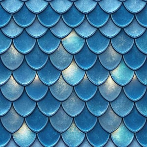 Puede incluir: Patrón continuo de formas curvas superpuestas, similares a escamas, en tonos azules. Las escamas tienen un brillo metálico y una apariencia texturizada, con reflejos dorados y blancos, creando un efecto brillante. El diseño evoca un tema de sirena o fantasía.