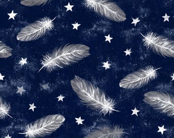 Celestial Feather Seamless Pattern | Night Sky Stars PNG | Boho Dreamy Galaxy | Dark Blue Digital Paper | 300 DPI | Commercial Use