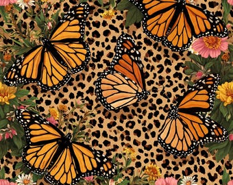 Leopard Butterfly Floral Seamless Pattern PNG | Monarch Boho Wildflowers | Leopard Print | Summer Sublimation Fabric | 300 DPI | Commercial