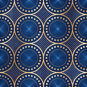 May include: A repeating pattern featuring gold circles with dotted borders and radial lines, set against a deep blue background. The design includes smaller gold dotted patterns between the circles, creating a geometric and decorative effect.