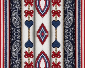 Patriotic 4th of July Seamless Pattern | Faux Embroidery Stripes Paisley Bow Heart | USA Digital Paper PNG | 300 DPI | Commercial Use