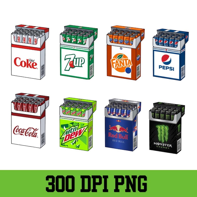 May include: A digital illustration featuring eight rectangular packs designed like cigarette cartons, each filled with soda cans. The brands depicted include Diet Coke, 7Up, Fanta, Pepsi, Coca-Cola, Mountain Dew, Red Bull, and Monster Energy.
