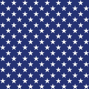 May include: A seamless pattern featuring white five-pointed stars evenly spaced on a deep blue background. The stars are uniform in size and orientation, creating a repetitive design reminiscent of the American flag.