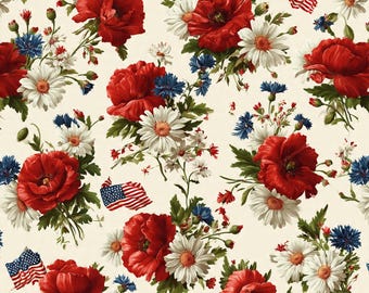 Vintage Patriotic Floral Seamless Pattern | 4th of July PNG | Red Poppy Daisy Cornflower | USA Flag Digital Paper | 300 DPI | Commercial Use