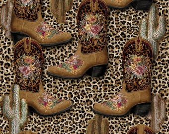 Western Leopard Cowboy Boot Seamless Pattern | Embroidered Boots Cactus PNG | Boho Country Digital Paper | Rodeo Glam | 300 DPI | Commercial