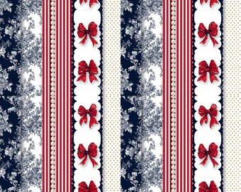 Preppy Patriotic Seamless Pattern | Red Bow Pearl Stripe PNG | Navy Toile 4th of July | Gold Dot Digital Paper | 300 DPI | Commercial