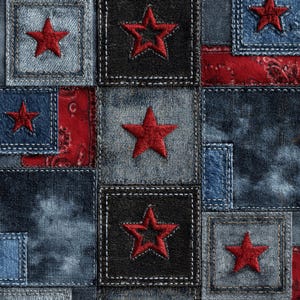 Op de afbeelding: Een patchwork stofontwerp met vierkante panelen van blauwe denim en zwarte stof. Elk vierkant is gestikt met een rode geborduurde ster. Sommige secties bevatten rode stof met een subtiel paisley-patroon, allemaal verbonden door zichtbare naden.