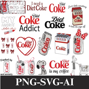 Op de afbeelding: Een verzameling Diet Coke-thema graphics in rood en wit, waaronder blikjes, tekst en Snoopy. Tekst omvat "Diet Coke Addict", "Coke is my coffee" en "Fueled by anxiety". De afbeelding bevat ook strikken en een winkelwagen.