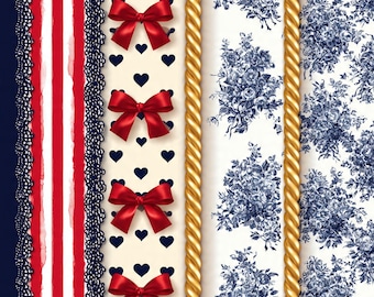 Patriotic Coquette Seamless Pattern | Red Bow Navy Toile Gold Rope | 4th of July Lace Stripe PNG | 300 DPI | Commercial Use