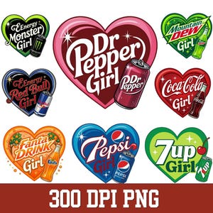 May include: A collection of eight heart-shaped graphic designs featuring various soda brand logos and the text 'Girl' alongside corresponding beverage cans or bottles, including Monster, Dr Pepper, Mountain Dew, Red Bull, Coca-Cola, Fanta, Pepsi, and 7up.