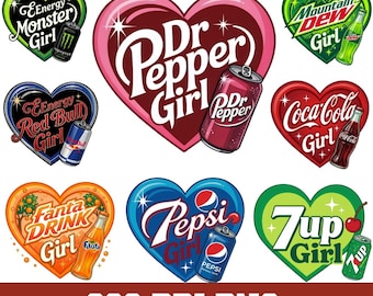 Soda Girl Heart Clipart PNG | 8 Retro Pop Can Heart Bundle | Cola Cherry Orange Lemon Energy Drink | Y2K Clip Art | Instant Download