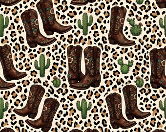 Western Cowboy Boot Seamless Pattern, Leopard Print Cactus Digital Paper, 300 DPI PNG, Sublimation Ready Background for Apparel and Fabric