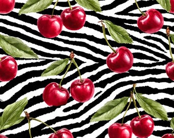 Cherry Zebra Stripe Seamless Pattern | Red Cherries PNG | Watercolor Fruit | Animal Print Digital Paper | 300 DPI | Commercial Use