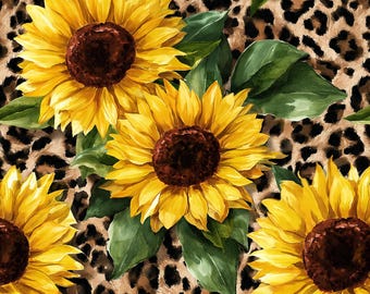 Sunflower Leopard Print Seamless Pattern | Watercolor Sunflowers PNG | Boho Cheetah Floral | Fall Digital Paper | 300 DPI | Commercial Use