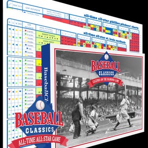 May include: A baseball card featuring a vintage baseball game scene with the text "Baseball Classics" and "All-Time All-Star Game." The card also includes charts with player statistics and team information.