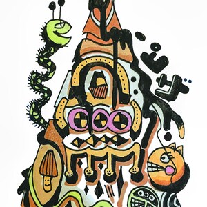 May include: A colorful abstract illustration featuring a central, layered structure with orange, yellow, and black elements. A green worm-like creature and a cartoonish orange character are also present. The artwork has a whimsical, doodle-like style.