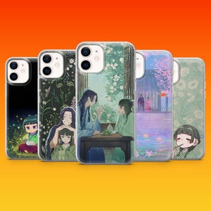 May include: A collection of phone cases featuring anime-style illustrations. The cases display various scenes with characters in traditional clothing, floral backgrounds, and serene settings. The cases are clear with the designs visible.