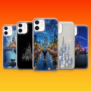May include: A collection of five phone cases featuring iconic Disney castle designs. The cases showcase various artistic styles, including a starry night scene with Mickey Mouse, a black case with a white castle outline, and a case with a blue and white castle illustration.