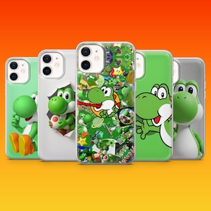May include: A collection of five phone cases featuring the character Yoshi from the Super Mario franchise. The cases showcase various designs, including Yoshi in different poses and a collage of Yoshi-themed elements. The cases are in shades of green, white, and gray.