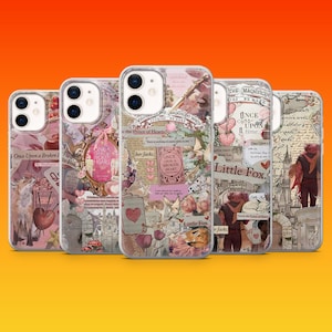 Puede incluir: Una colección de fundas para teléfonos con un diseño de collage. Las fundas presentan una mezcla de colores rosa, beige y blanco con texto e ilustraciones. El texto incluye frases como "Once Upon a Broken Heart" y "Little Fox."
