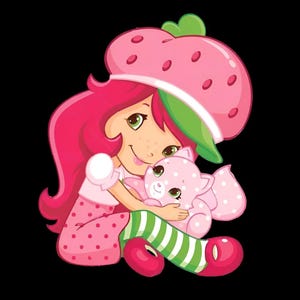 May include: A cartoon illustration of a girl with pink hair and a strawberry hat, hugging a pink cat. The girl wears a pink dress with red polka dots and green and white striped socks. The background is black.