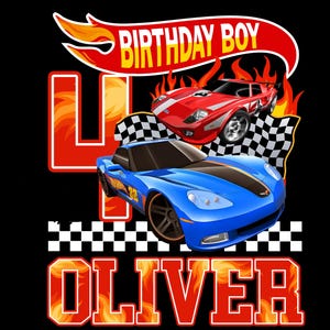 May include: A graphic design featuring a red and blue race car with the text "BIRTHDAY BOY" and "OLIVER" on a black background. The number "4" is also displayed in red.