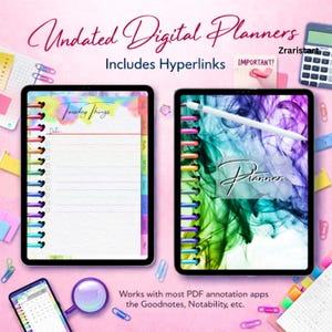 May include: Two digital planners are displayed, one open to a lined page with "Tuesday Things" and "Date" text, the other with a colorful abstract design and the word "Planner". The text "Undated Digital Planners" and "Includes Hyperlinks" are also visible.