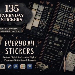 Może przedstawiać: Obraz cyfrowych naklejek do planowania i dzienników. Tekst brzmi "135 Everyday Stickers" i "Perfect Digital Stickers for Digital Planners, Notes Apps & Journals." Naklejki są w różnych kształtach i rozmiarach, na ciemnym tle.