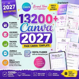 May include: A digital planner template for 2027, featuring a purple and pink design with the Canva brand. Includes planners, trackers, journals, and goal-setting tools. The image highlights the phrase "13200+ Canva 2027 Page Canva Template."