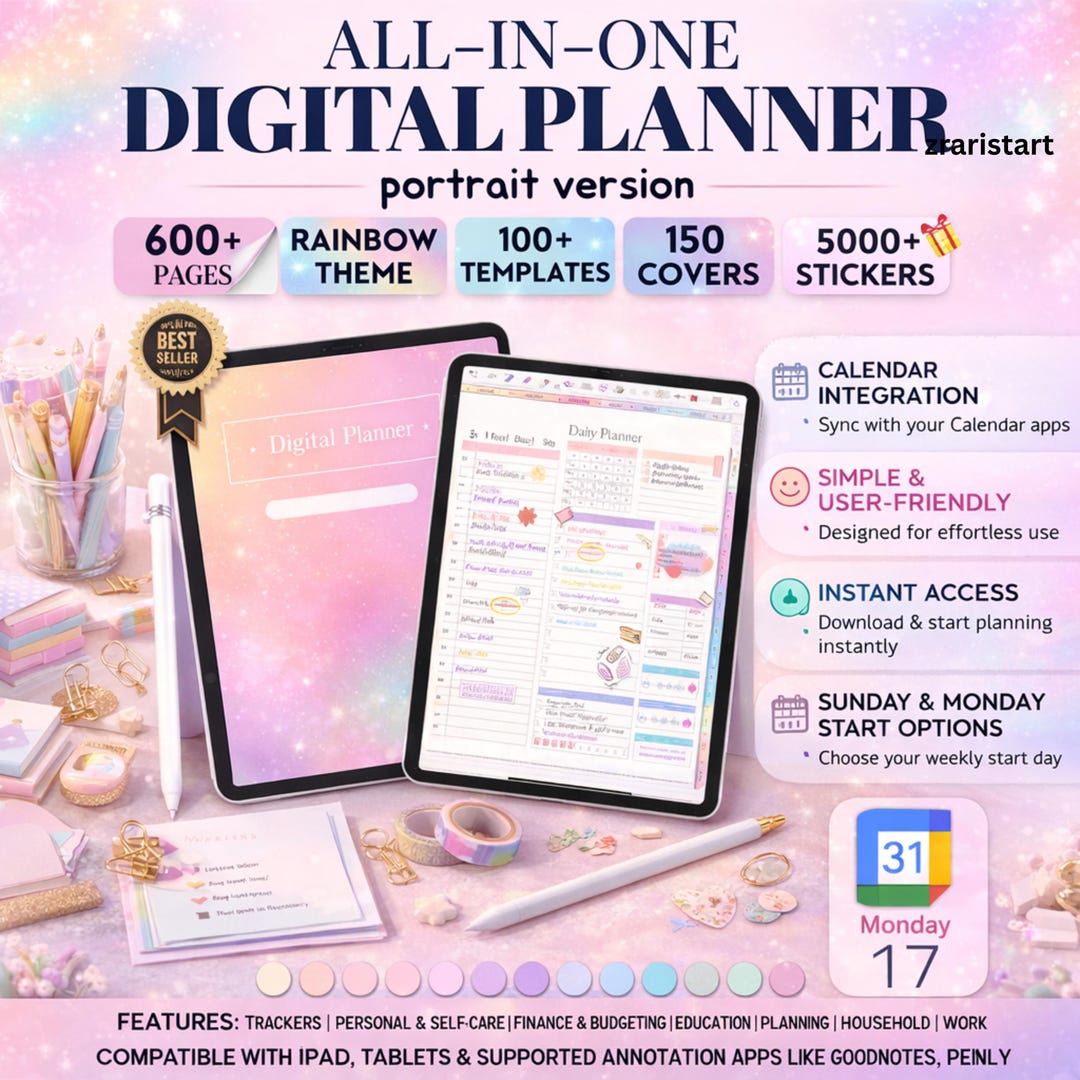 Portrait Digital Planner 2026 2028 Undated | iPad Goodnotes Notability ...