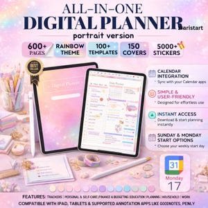 May include: An all-in-one digital planner with a rainbow theme, featuring over 600 pages, 100+ templates, 150 covers, and 5000+ stickers. Compatible with iPad and tablets. Includes calendar integration and instant access.