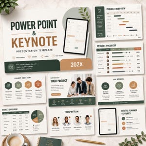 May include: A presentation template titled "Power Point & Keynote" with various slides. The design includes a tablet with a stylus, project overviews, progress charts, and team member profiles. The color scheme is primarily white, green, and brown.